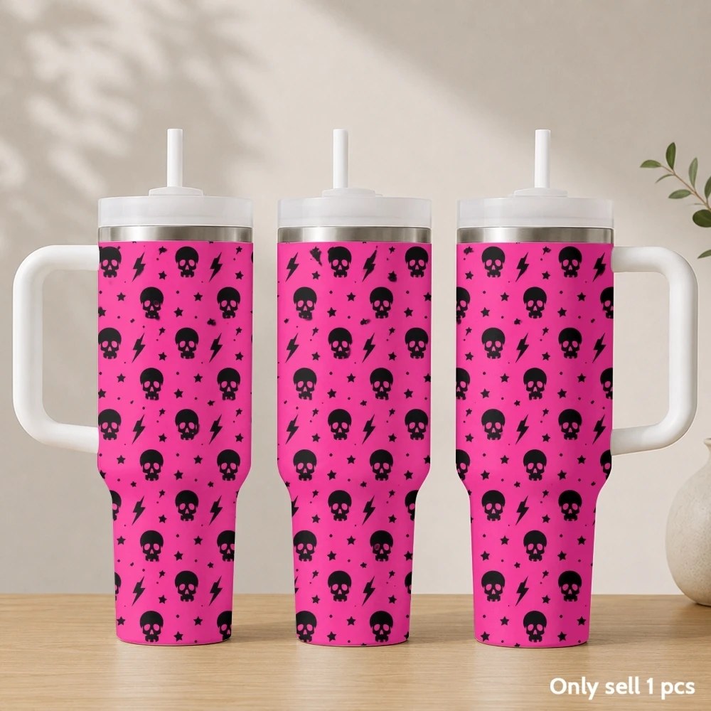 Skeleton print pattern Vacuum Flasks 40oz Stainless Steel Insulated Tumbler with Handle & Straw Leakproof Travel Mug