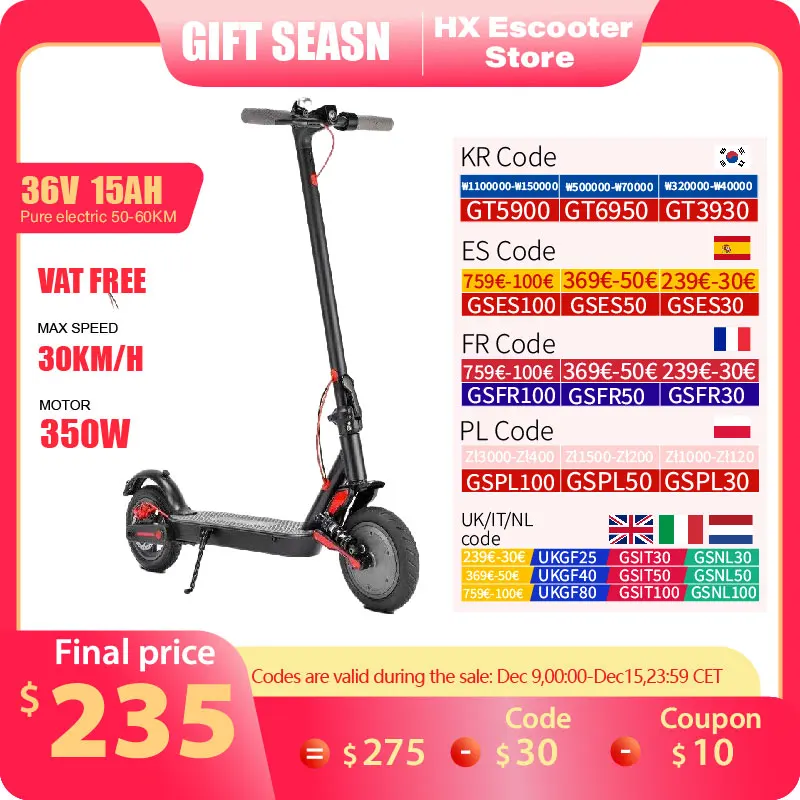 HX Adult Electric Scooter 350W 15AH 36V Electric Kick Scooter Foldable 8.5 inch Wheel APP Smart Self-Balance Escooter