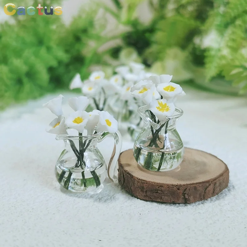 1:12 Dollhouse Miniature Vase Morning Glory Glass Jug Doll Model Decor Toy Flower Arrangement Vehicle Mounted Ornaments