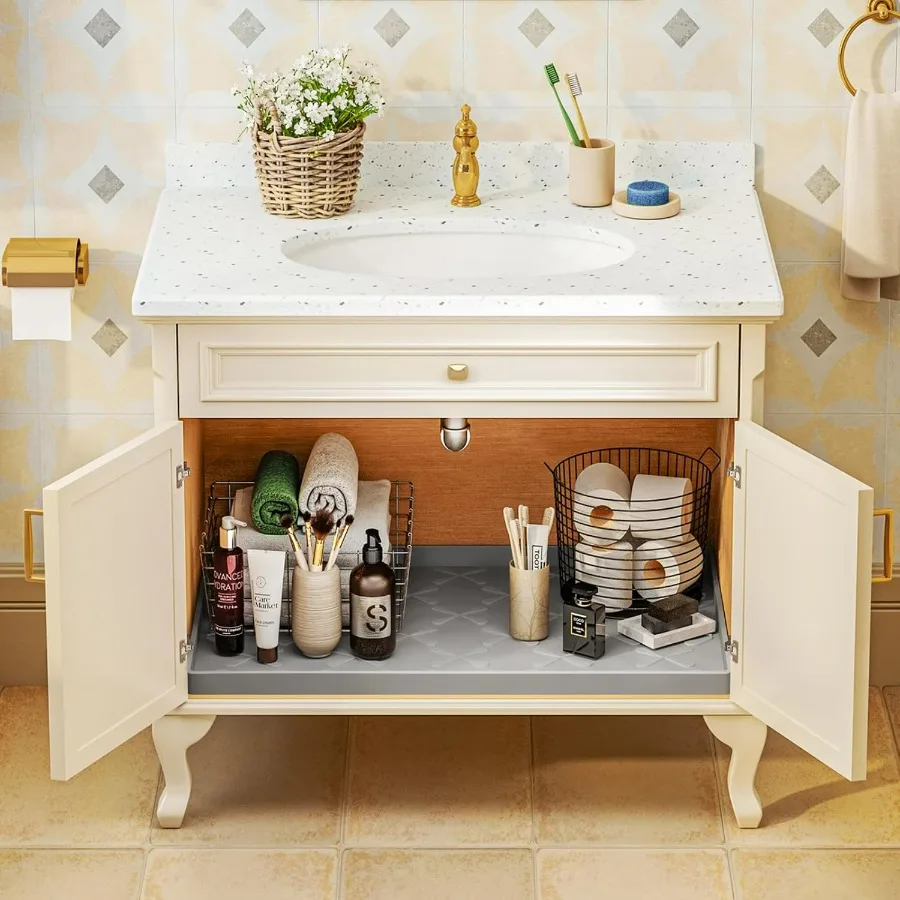 حصيرة تحت المغسلة مقاس 37 بوصة × 22 بوصة مقاومة للماء، ورف درج المطبخ وبطانة الخزانة، وواقي الحوض لمنظمي الحمام