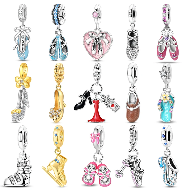 925 Sterling Silver Shoes Theme Dangle Charms Ballet Slipper High Heel Zircon Pendant Beads For Women DIY Bracelet Jewelry Gift