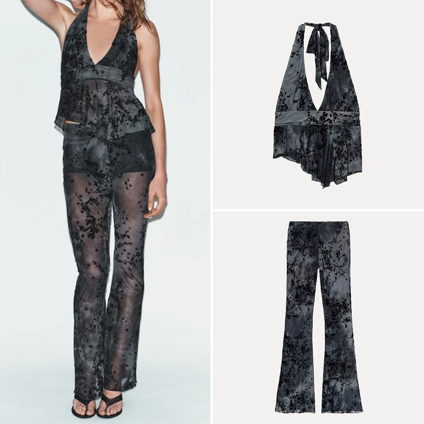 

Women's Fashion Spring 2026 Velvet Flocking Silk Mesh Neck Hanging Bell Bottoms Two-Piece Set ZADATA Brand Ladies Premium Wear