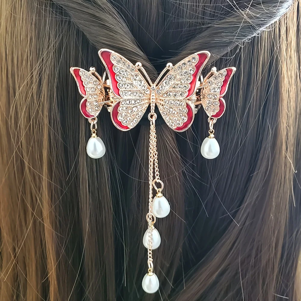 1pc Butterfly Hair Clips - Stunning Pendant Hair Clip with Tassel and Faux Pearl, Elegant Rhinestone Decor Ponytail Clip