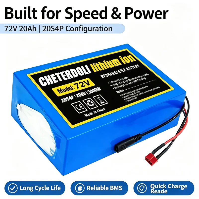 Long Range 72V 20Ah 20S4P Lithium Battery Pack 3000W Max Output BMS Overcharge Protection 84V 3A Power Adapter Charger