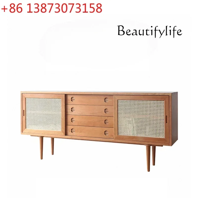 Japanese-Style Cherrywood TV Cabinet White Oak Simple Storage Living Room Bedroom Solid Wood Rattan Hallway Floor Cabinet