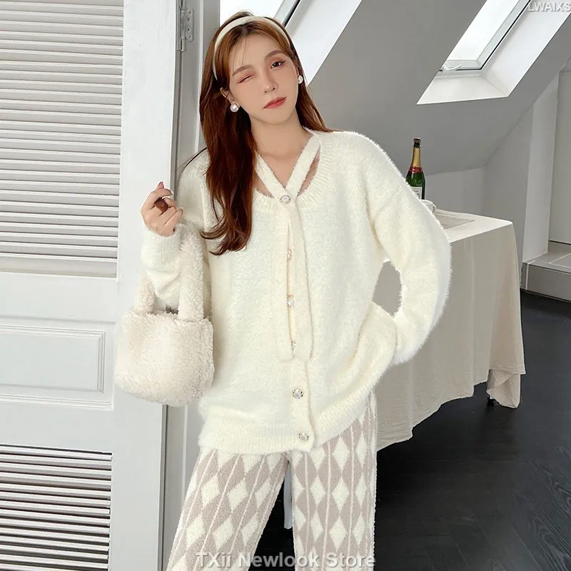 TXii Newlook Pajamas Women's Autumn and Winter Soft Imitation Mink Velvet Cardigan Elegant Sweet Diamond Tie Warm Home Wear suit