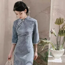 Women New Year Blue Floral Cheongsam 3/4 Sleeve Vintage Chinese Style Dress Show Costumes Female Elegant Improved Long Qipao
