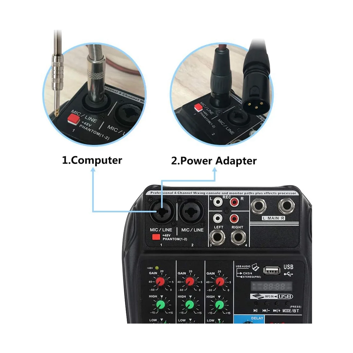 TEYUN A4 4-Channel Small Microphone Digital Mixer DJ Live Broadcast KTV Microphone Recording Effector Mixer 20Hz-20KHz US Plug