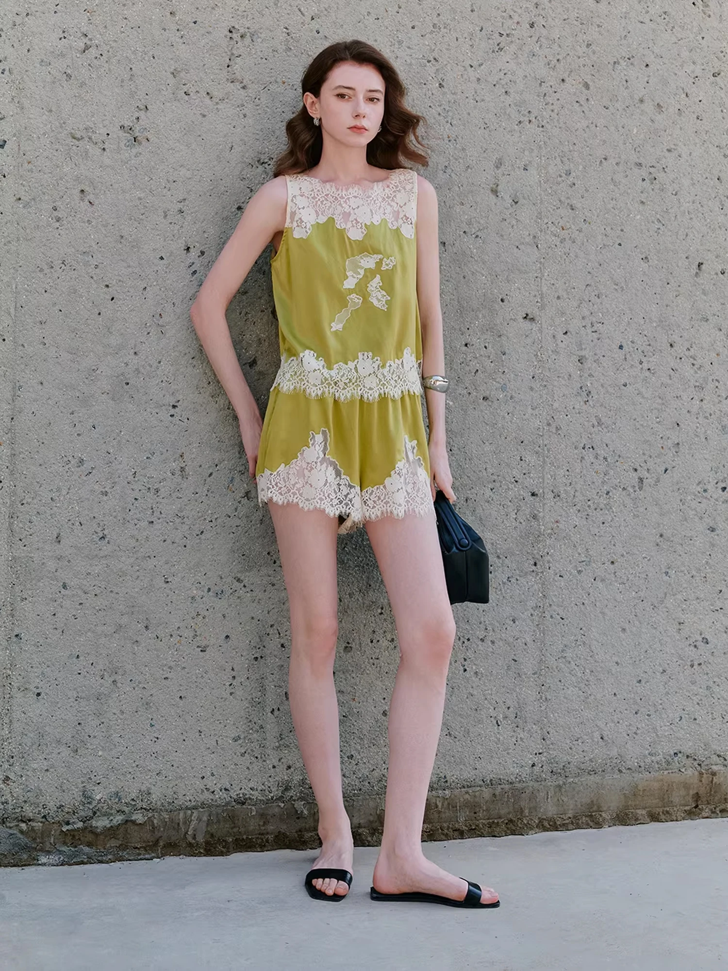 

Affinity U8668 Silk Charmeuse Washed Lace Strap Vest Shorts Set Women's French Style Summer Fashion Three-Piece Suit