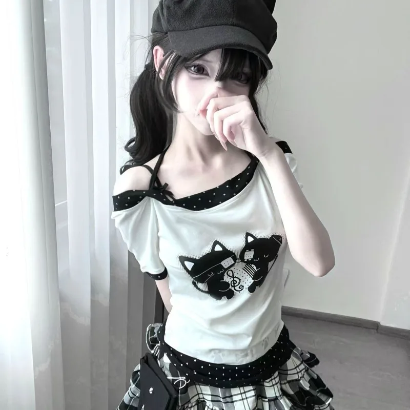 

Японские милые футболки Harajuku Kawaii, футболка с мультяшным принтом, субкультура, лоскутные футболки в горошек, женские милые тонкие топы