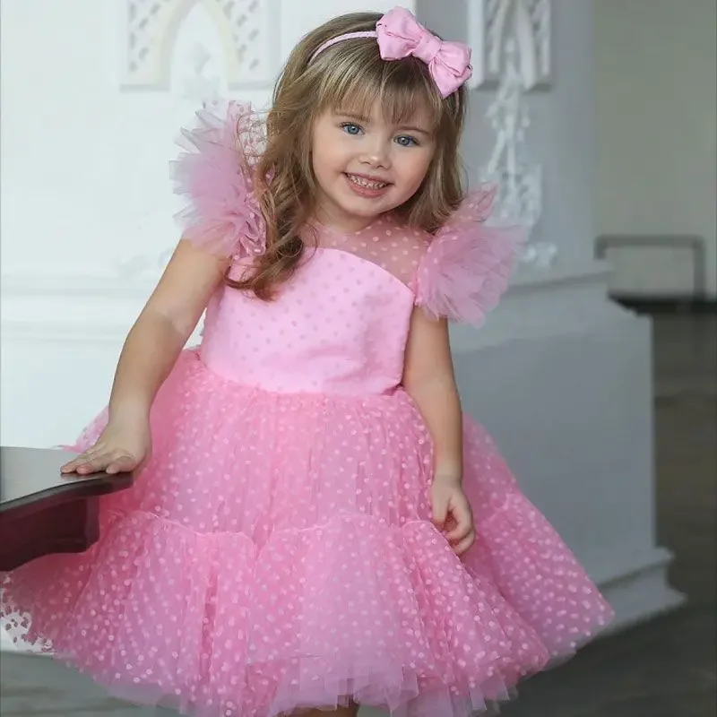 Girls Princess Dress Elegant Wedding Tutu Prom Dresses for Tulle Flare Sleeve Communion Party Formal Evening Gown for 3-10Y Kids