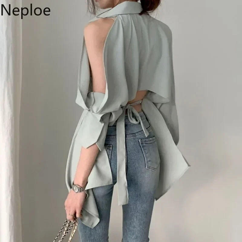 Neploe Women Blouse New Lady Hollow Out Turn Down Collar Fashion Shirts Blusa Off Shoulder Spring Summer 2024 Solid Tops 1A822