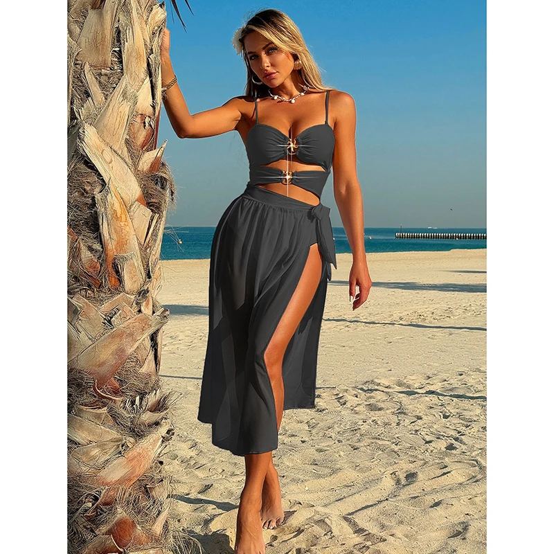 Bikini de una pieza con bloque de Color para mujer, traje de baño Sexy con falda para la playa, traje de baño de moda para vacaciones en la playa de verano