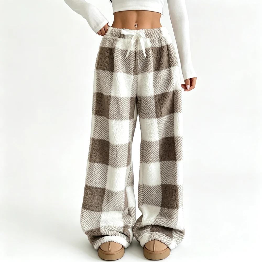 Women Plaid Wide Leg Pants Loose Winter Trousers Drawstring High Waist Thick Coral Fleece Warm Loungewear Casual Pajama Bottoms
