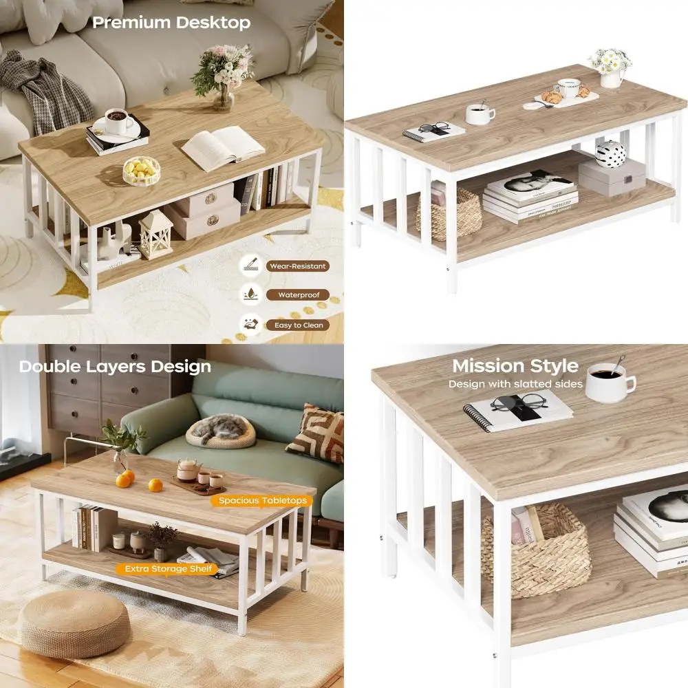 Modern Farmhouse Coffee Table with Slatted Sides, 2-Tier Storage, 39 Light Coffee for Living Room & Home Office