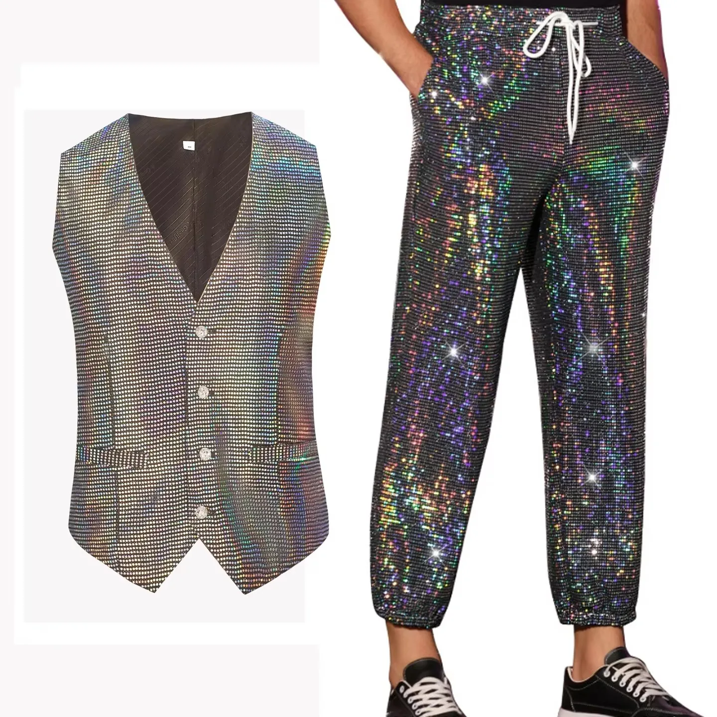 Men's Slim Fashion Jazz Hip Hop Dance Sequins Vest Pants Set Shiny Green Purple Street Performance Costume for Festival Party ﻿