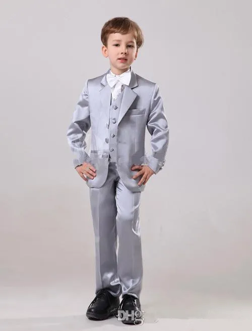 Silver Grey Satin Boy Suit Wedding Tuxedo Kid Jacket Set Child Blazer Pants 2 Piece Set 2-16 Years Old Custom Clothes