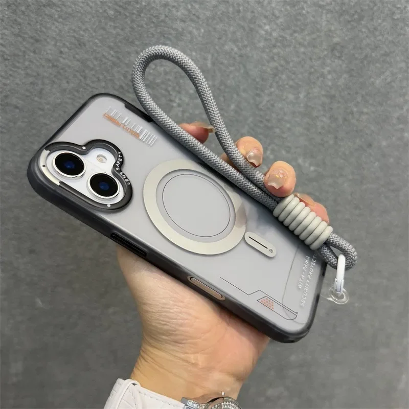 Luxury Matte Magnetic Business Magsafe Case for iPhone 16 13 14 15 Pro Max Fashion Wrist Strap Wireless Charge Shockproof Cover