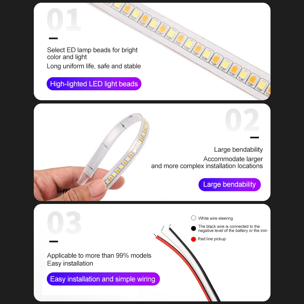 차량용 범용 LED 스트립 조명, 주간 주행 조명용 헤드라이트 스트립, 방향 지시등, DRL LED 스트립, 앰버 및 화이트