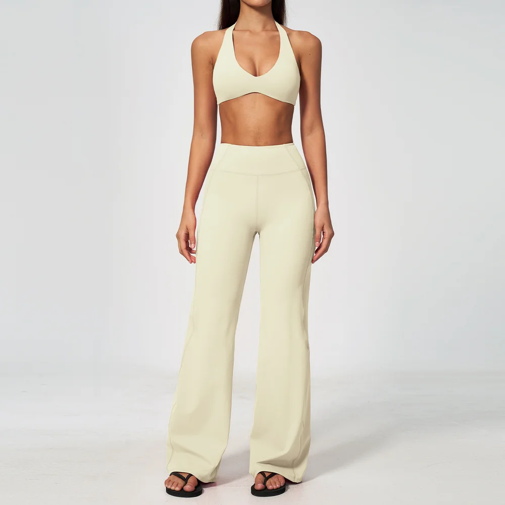 2 Piece Fitness Suit Women Tracksuit Yoga Clothing Sport Outfits Gym Workout Long Sleeve Crop Top Wide Leg Pants Suit Sportswear