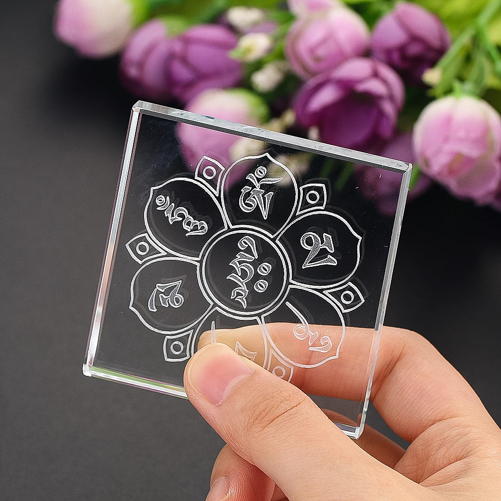 Natural Crystal Inner Carving Buddhist Lotus Om Mani Padme Hum Jewelry Display Stand Healing Meditation Base Sacred Energy Board