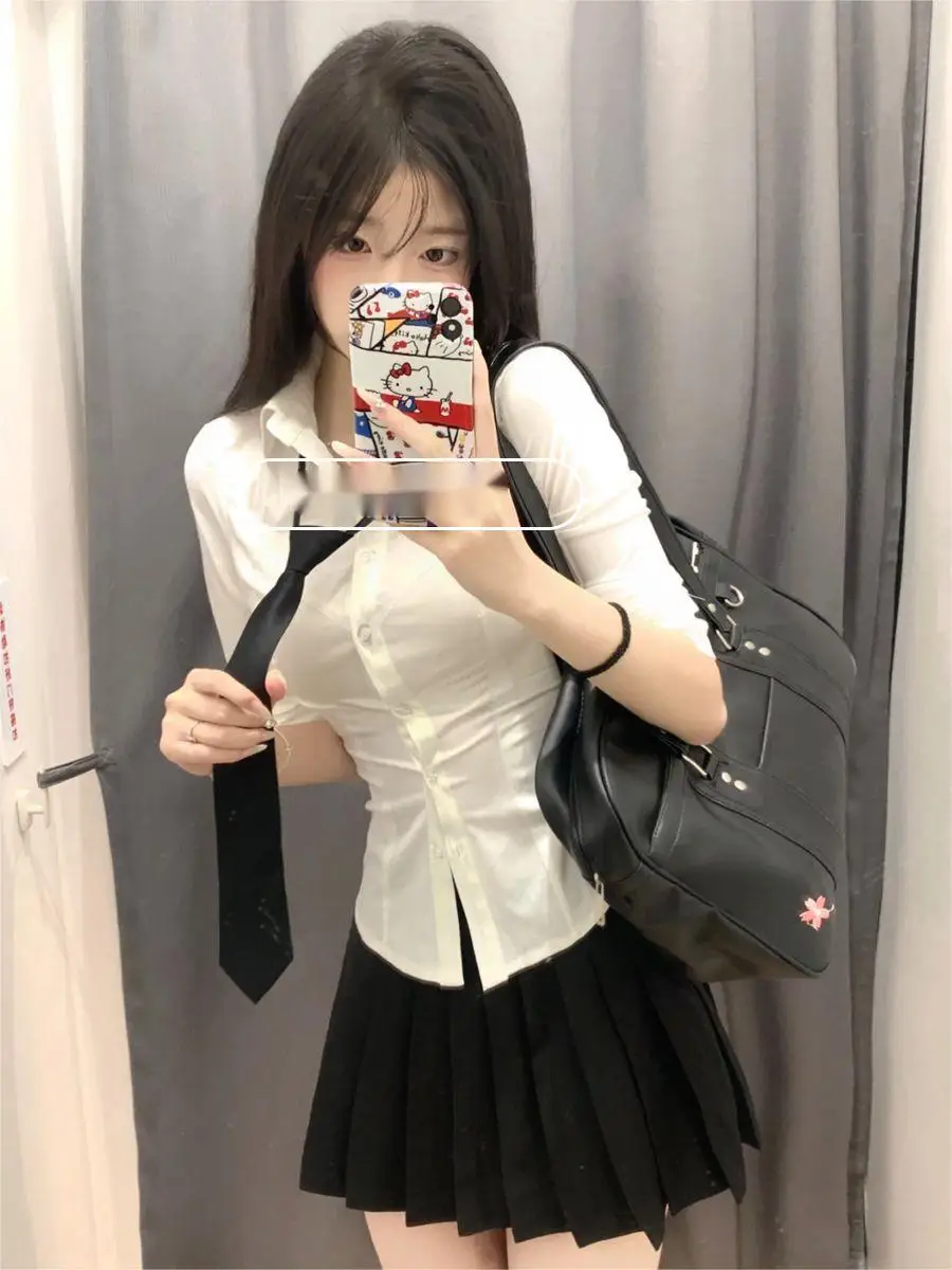 Women's Original JK Long Sleeve Shirt Waist Cinched Slim Fit Pure Desire Style Skirt Set Two Piece Set Fashionable School Uni...