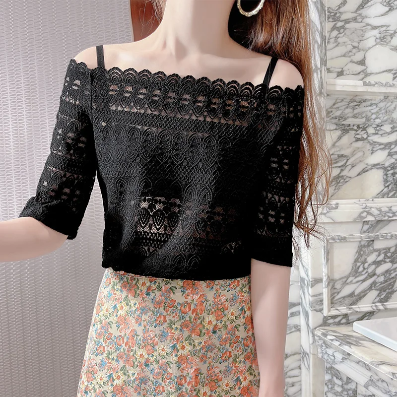 

Lace ort Sve T-irt Women Hollow out Ele ort irt Inner Thin Me Base irt Korean Sle Slim Fit Commute Sle