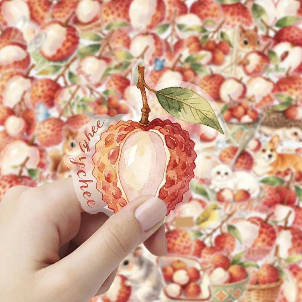 50 PCS Watercolor Hand Drawn Lychee & Squirrel Transparent PET Stickers Decorate Fridge Lunch Box Scrapbook Waterproof Decals