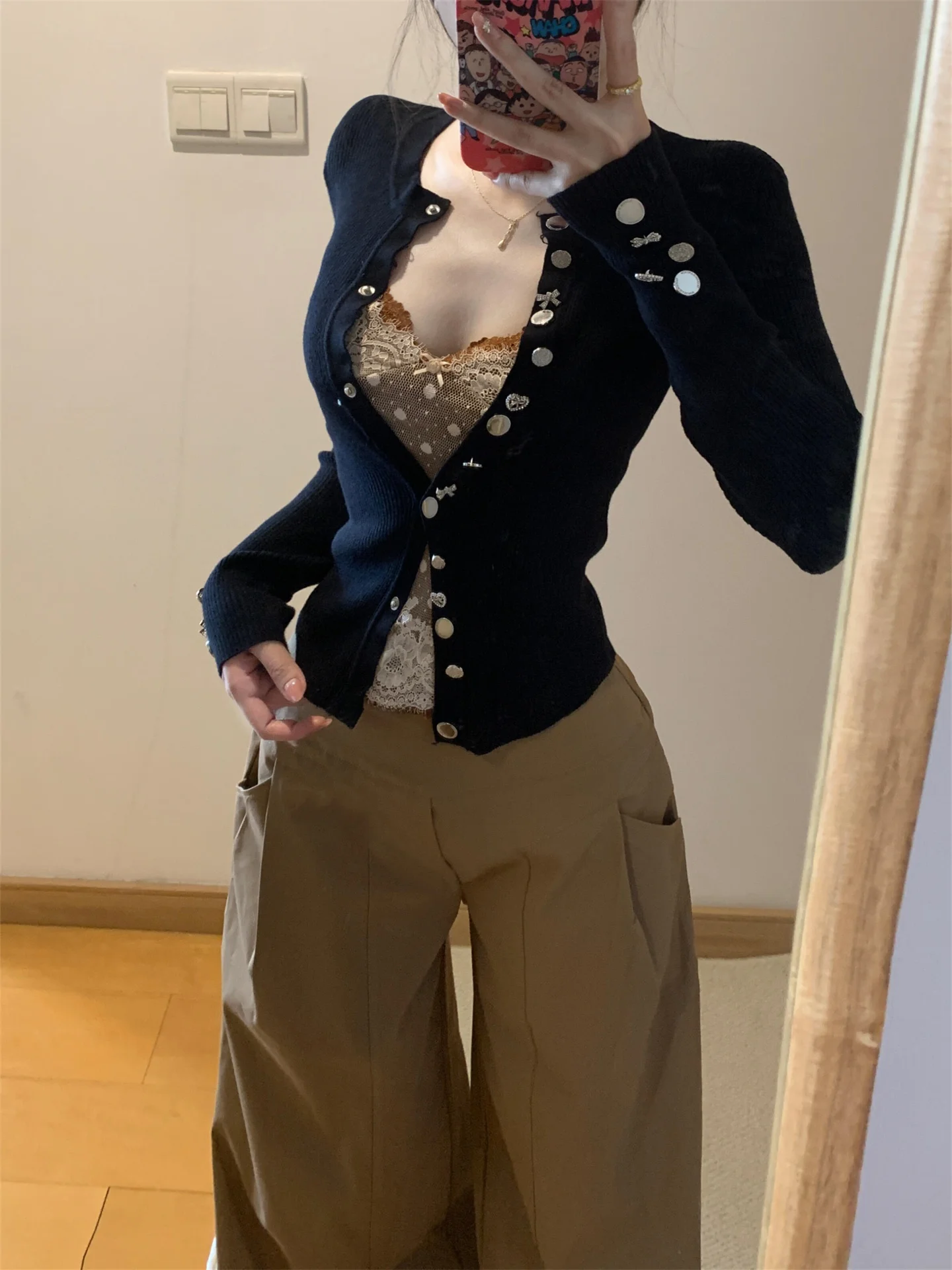 

Korean Sle Long Sve Knitted Open Cardigan Women's Slim Fit Waist Cinched Base irt Top Bla Single Button Autumn Wear