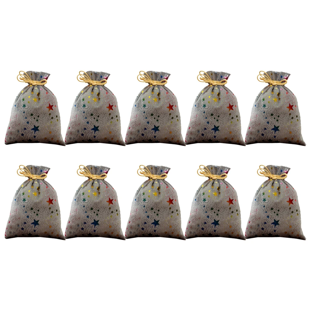 10pcs Christmas drawstring candy bags with star pattern design made from fabric for holiday celebrations and treats