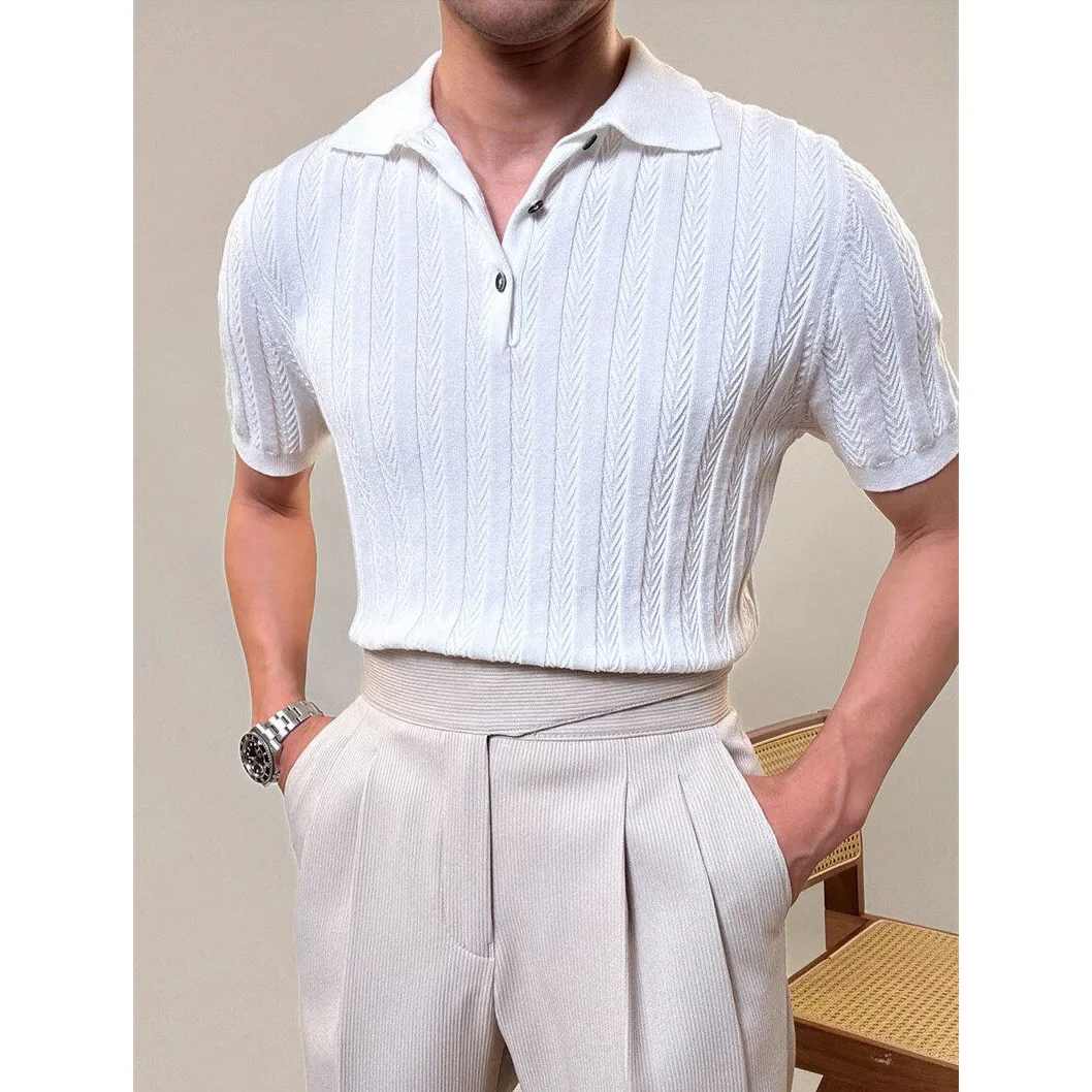 POLO Shirt Knitted Sweater Short-sleeved Men's 2026 Summer New Lapel Fish Bone Pattern Slim T-shirt