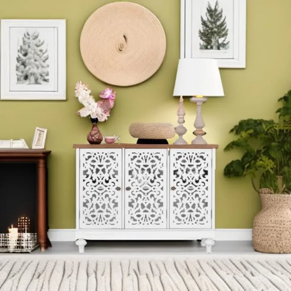 Accent Cabinet with Doors - Farmhouse Credenza Cabinet for Living Room, Sideboard Buffet Cabinet with Storage White