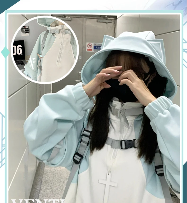 أنيمي جينشين تأثير Venti سمة تأثيري الكرتون هوديي معطف القط الأذن تصميم الخريف والشتاء الملابس اليومية هدية عيد الميلاد