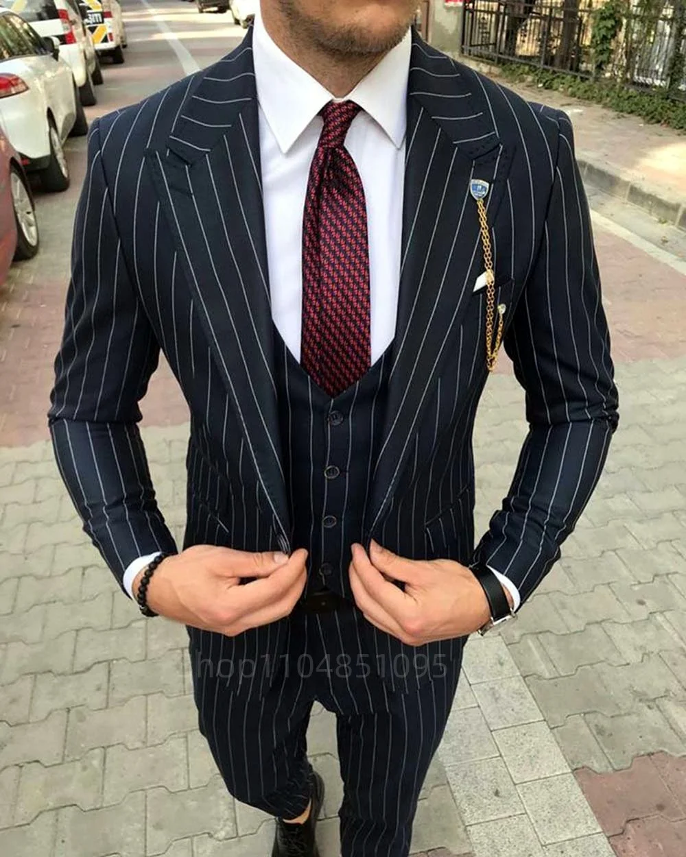 

Men's Suits Black/Blue Striped 3 Pieces Wedding Daily Business Formal Men Suits Silm Fit Single Breasted One Button Blazer Suits