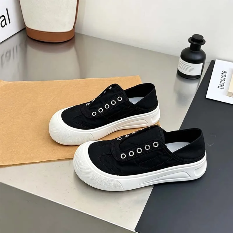 Zapatos de mujer con punta redonda, suela gruesa, diseño moderno, de lona, tipo bailarinas, con cubierta para el talón, ideales para el otoño, con suela suave.