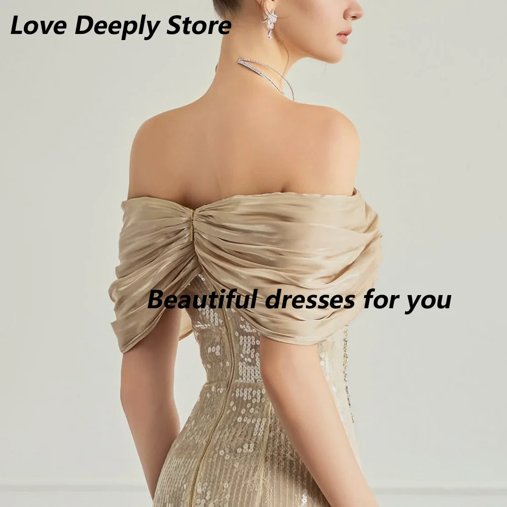 Customized Champagne Off The Shoulder Mother Of The Bride Gown Draped Sleeve Sequin Mermaid Wedding Evening Dress With Train