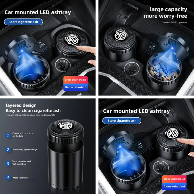 New Style LED Car Ash Tray Flame Retardant Design Fit MG 3 5 6 7 HS ZS GS Hector TF GT ZR RX5 RX8 350 550 Interior Accessories
