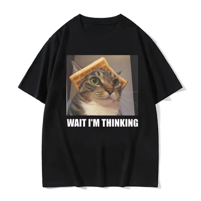 Wait L'm Thinking Funny Cat Meme Tee Women Clothing Fashion Humor Trend Top Casual Oversized Streetwear Women Pattern Print Tee