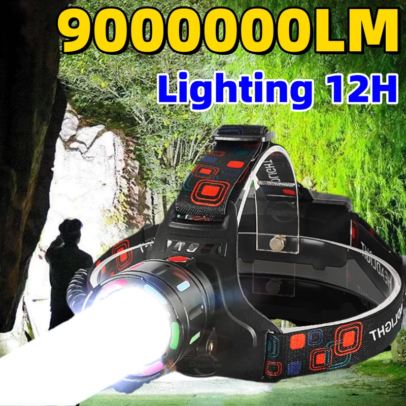 كشافات أمامية عالية الطاقة طويلة المدى 9000000LM مع بطارية 18650 تصميم مقاوم للماء 4 أوضاع للتخييم في الهواء الطلق واستكشاف الصيد