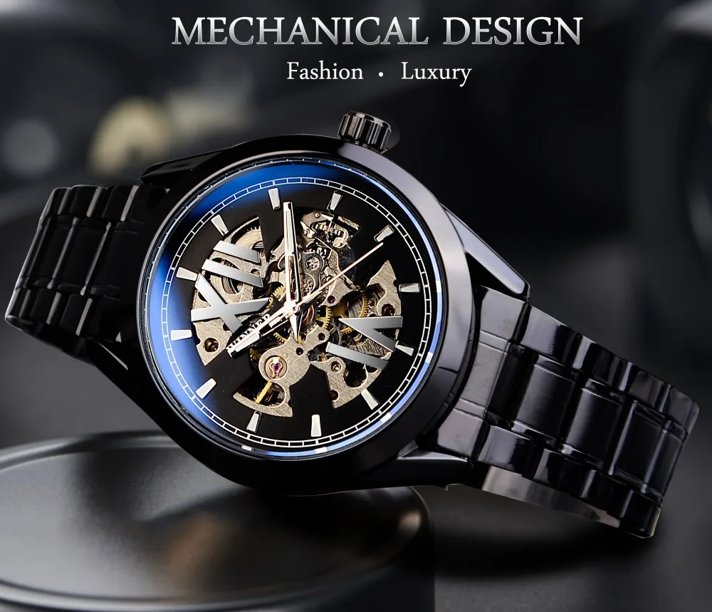 Fashion Winner Top Brand Luxury Full Stainless Steel Skeleton Mechanical Hollow Waterproof Automatic Watch Men Relogio Masculino