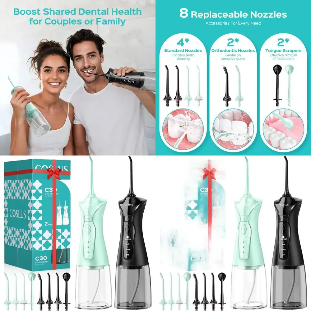 

Двойные ирригаторы для полости рта с 3 режимами и 8 настраиваемыми уровнями для чувствительных десен и брекетов, идеально подходят для семейного использования, черный и зеленый цвета.