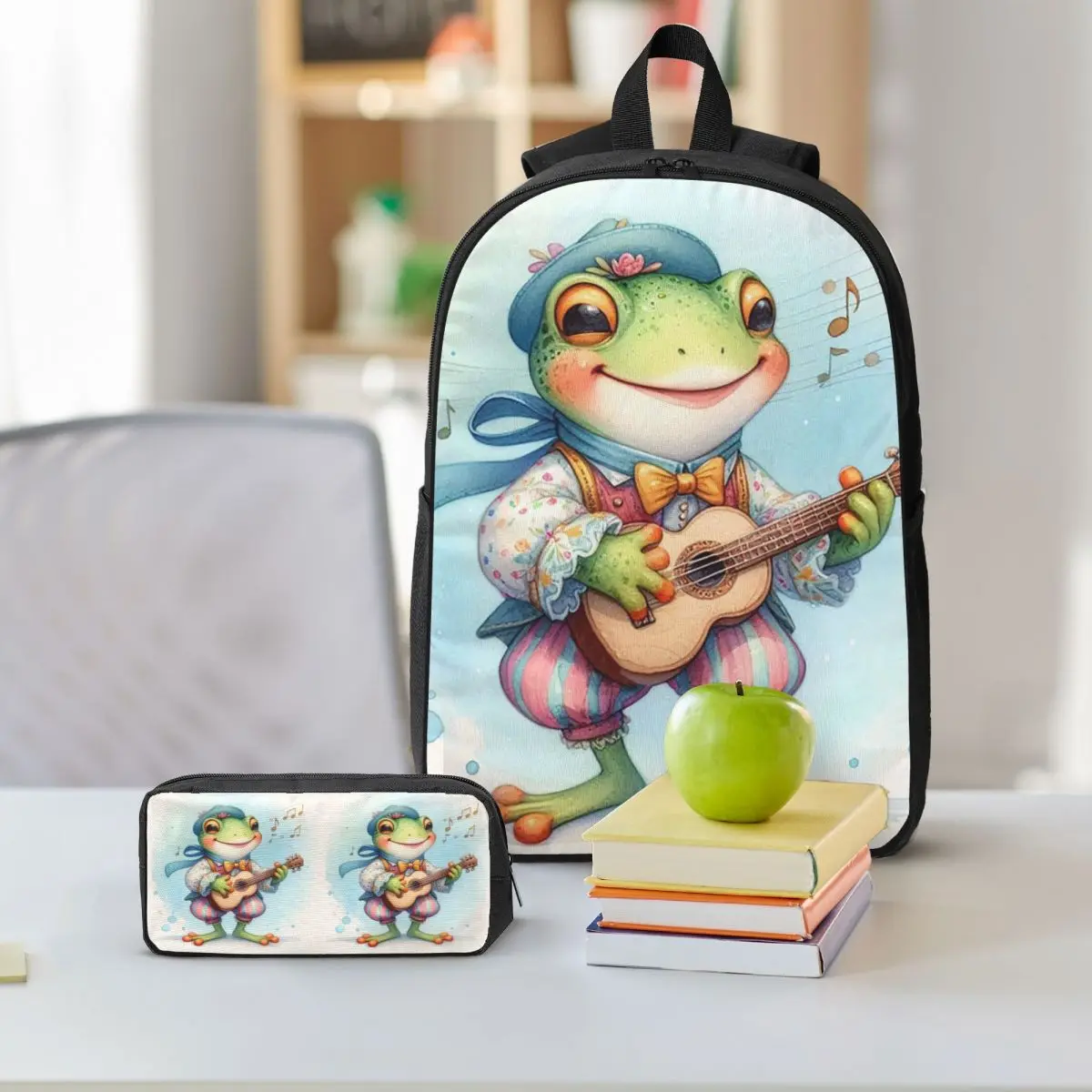 Cartoon Frog Joyful Singing Backpack Boys Girls BookBag School Bag Shoulder Bags 3ps Insulated Lunch Bag Pencil Case