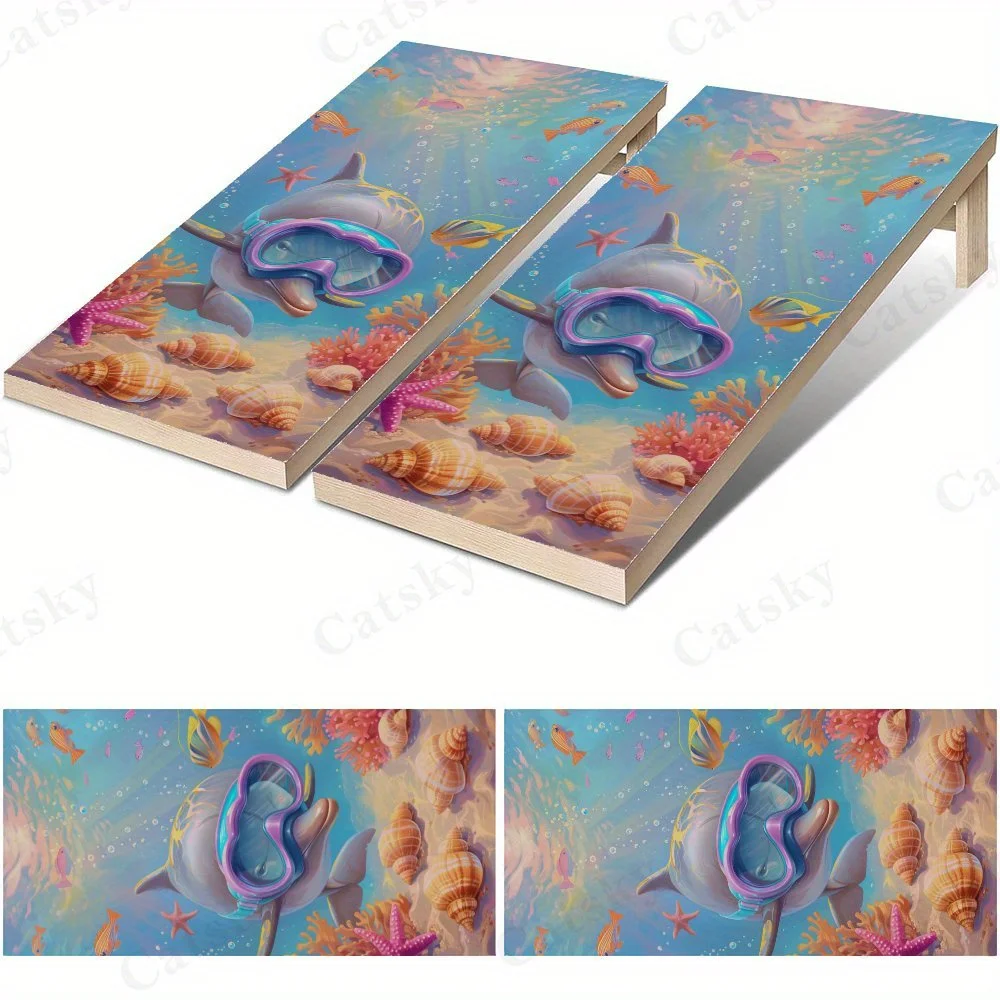 Marine Cute Dolphin Waterproof Cornhole Board Vinyl Wraps, PVC Outdoor Game Board Design, Perfect for Sports & Leisure Activitie