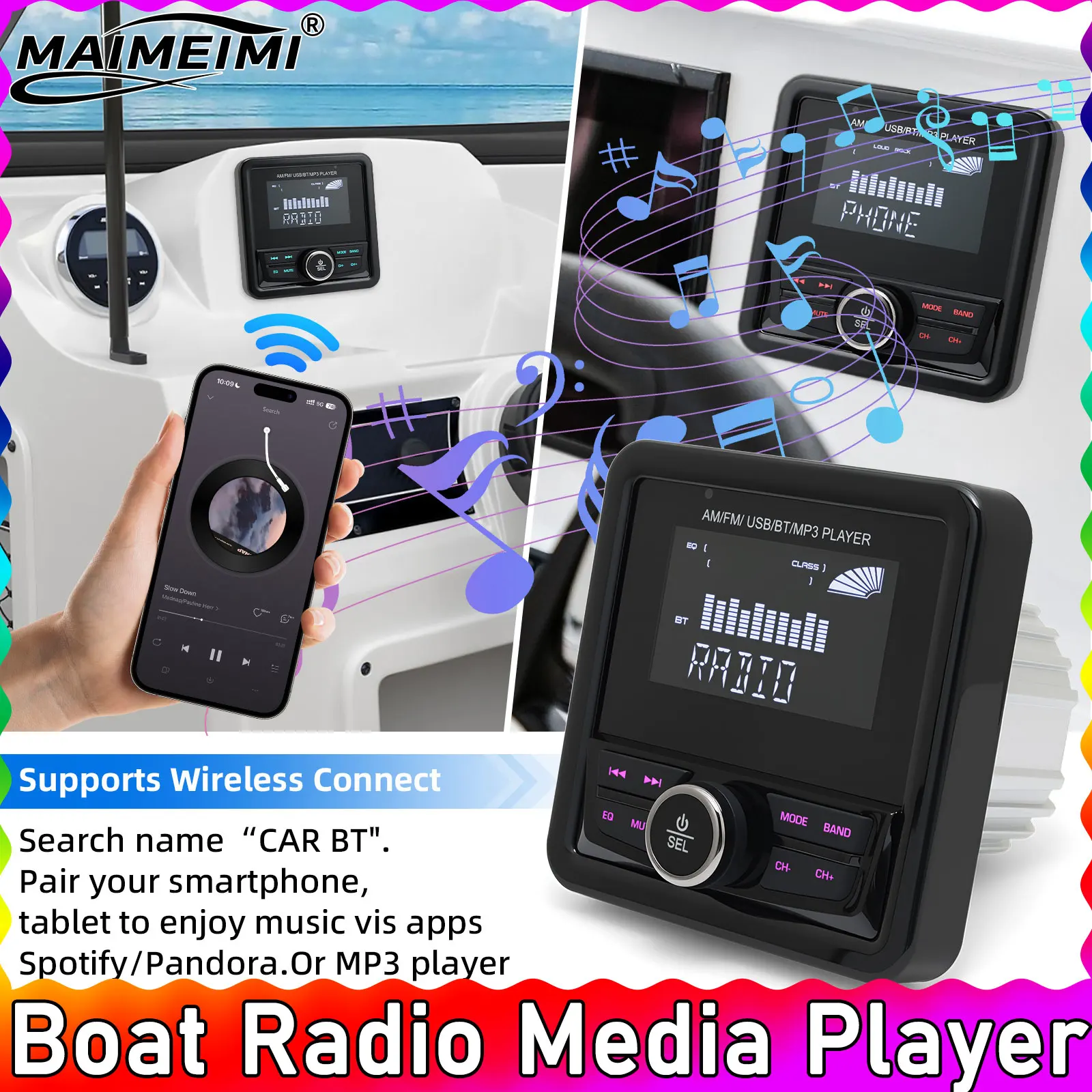 MP3 Marine Radio Barca Stereo Bluetooth compatibile FM AM Lettore audio multimediale digitale Impermeabile per yacht ATV UTV Carrello da golf Motore