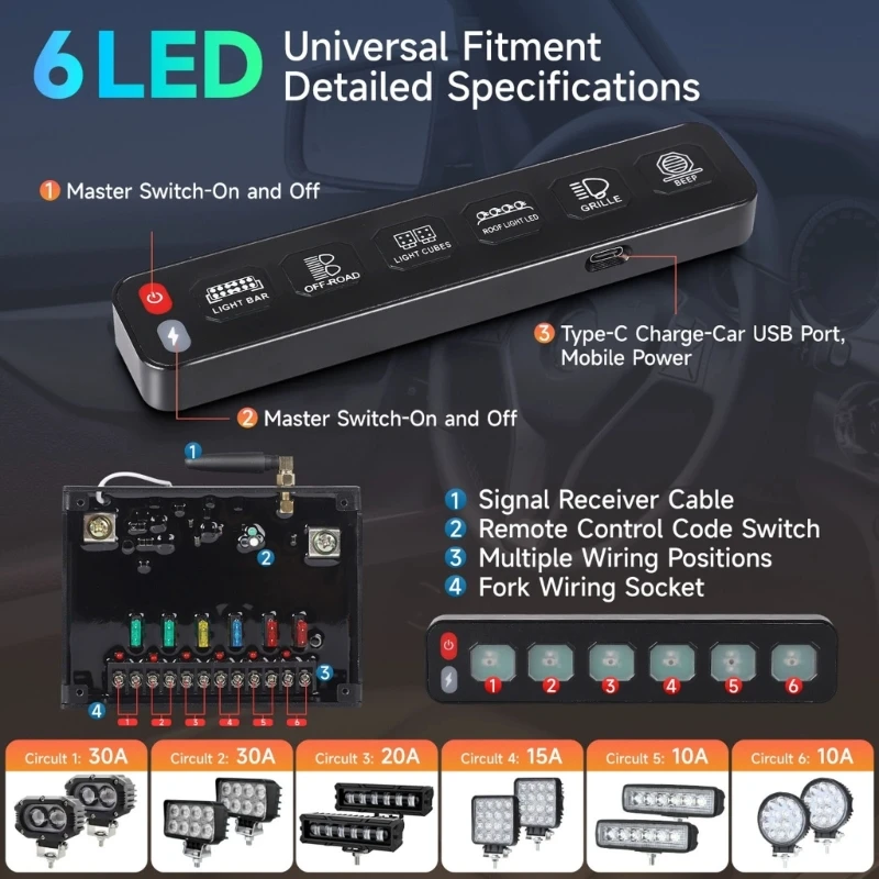 6 Gang Wireless Touch Panel 12V 24V Lighting Control Panel with Separate Control Box, Backlit Icons, 6 Circuit Wiring H9EE