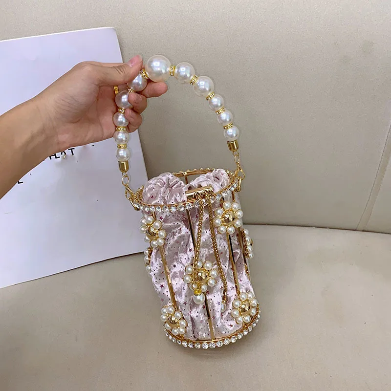 Süß und glänzend, diamantbesetztes Stern-Nischendesign, Eimertasche, Vogelkäfig-Abendtasche, tragbare Perlen-Bankettasche – Detail 2
