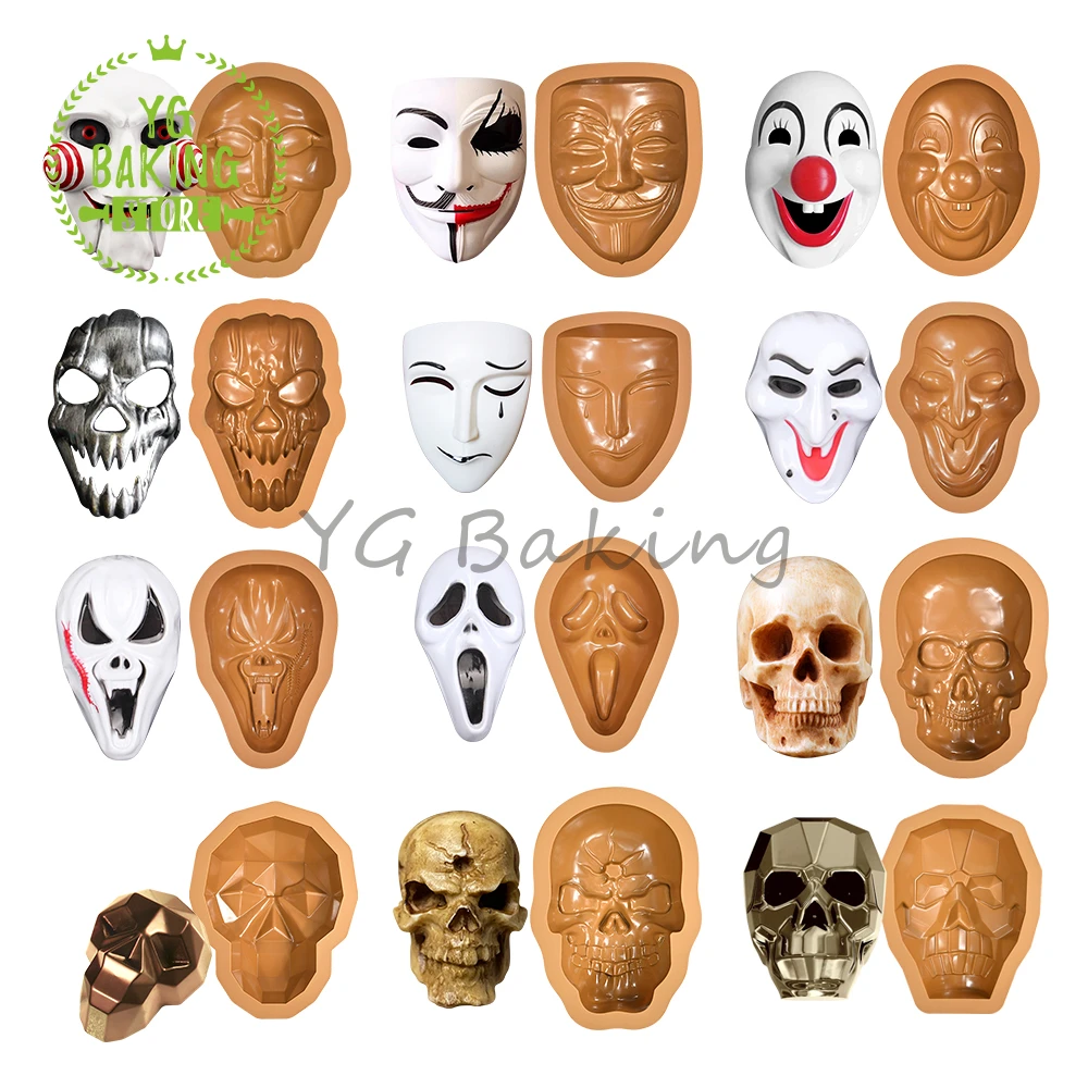 Dorica 3D Halloween Skull/Clown Mask Design Chocolate Silicone Mould DIY Smash Candy Mousse Mold Cake Decorating Tools Bakeware