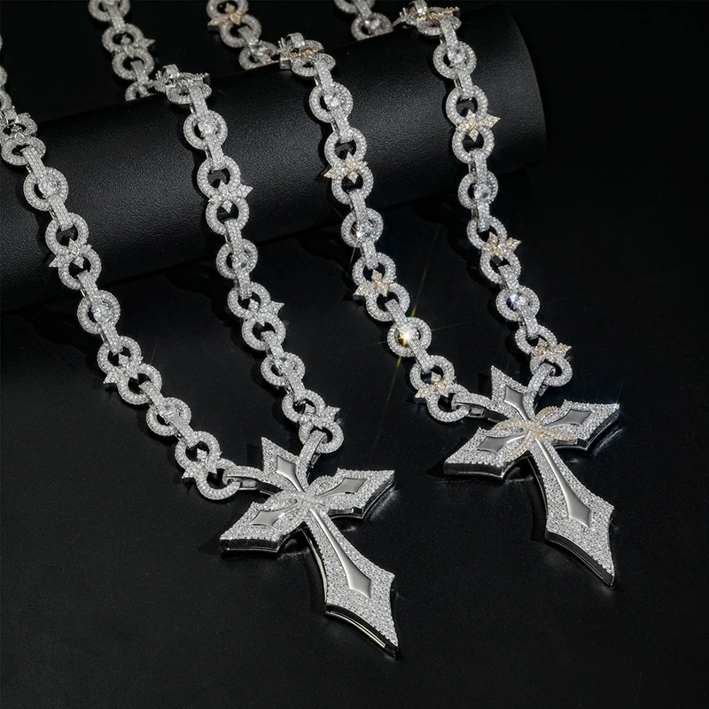 Hip Hop 5A+ CZ Stone Bling Iced Out Infinity Cross Pendant Link Chain Necklace for Men Rapper Jewelry Rose Silver Color