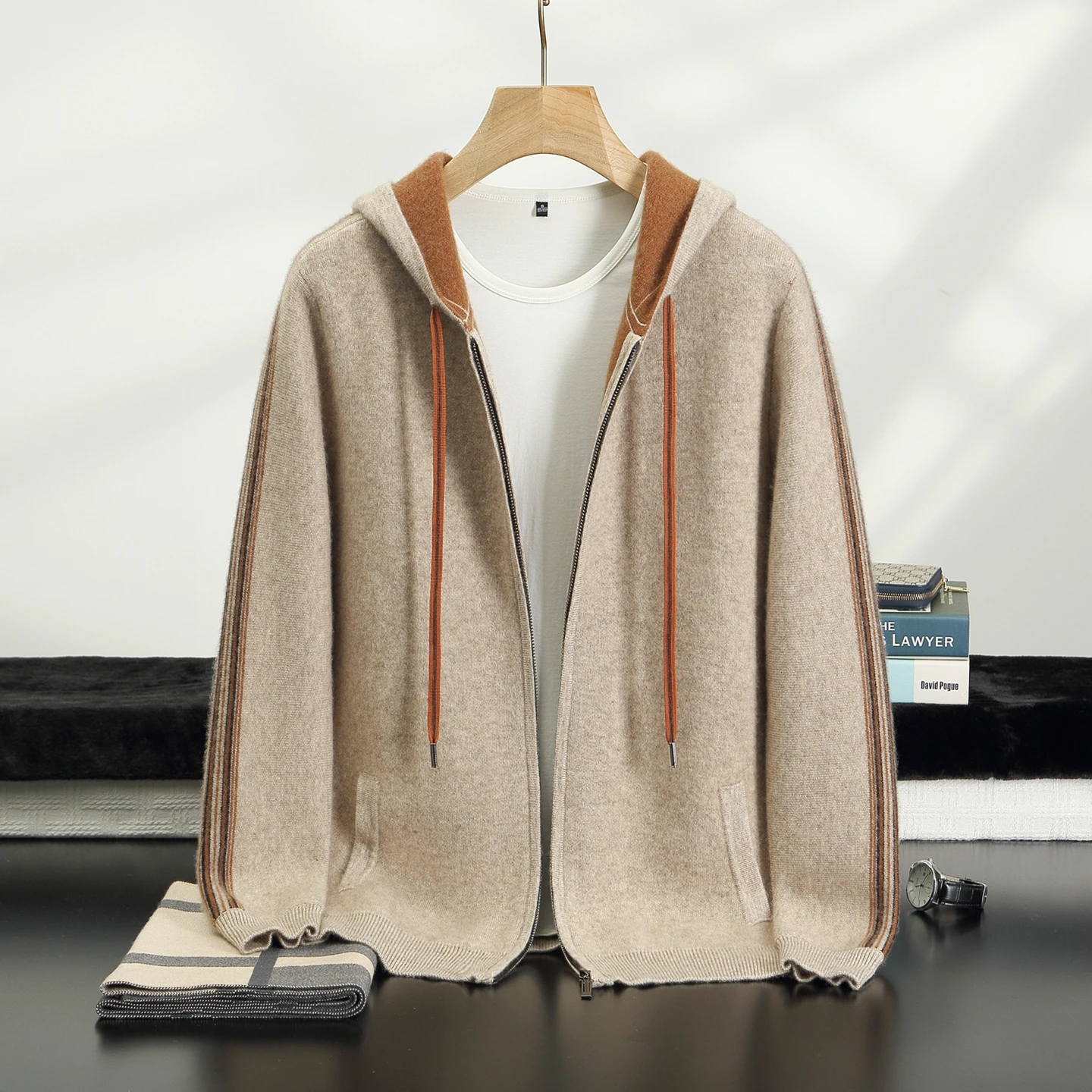 High-end Men 100% Cashmere Hooded Sweater Coat Long Sleeve Zipper Cardigan Autumn Winter Thick Smart Casual Cashmere Kniwear Top