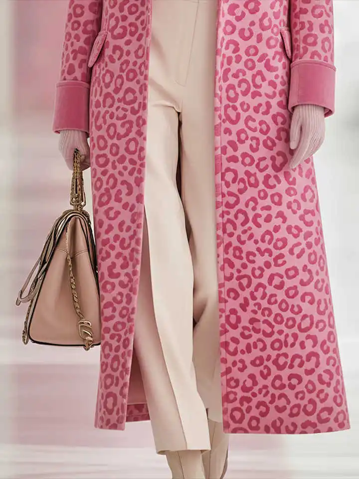 Chic Pink Leopard Print Long Coat Women's Contrast Lapel Formal Overcoat Patterned Outerwear for Autumn Winter Customizd